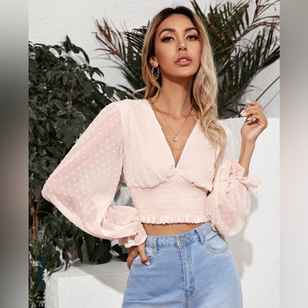 Baby Pink Polka Dot V-Neck Top | Worn Twice | Size Small